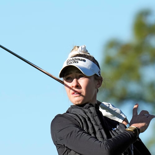Defending tournament champion Nelly Korda follows her tee shot on the second hole during a pro-am for The Annika LPGA golf tournament, Wednesday, Nov. 12, 2025, in Belleair, Fla. (AP Photo/Chris O'Meara)
