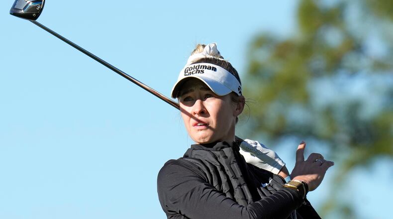 Defending tournament champion Nelly Korda follows her tee shot on the second hole during a pro-am for The Annika LPGA golf tournament, Wednesday, Nov. 12, 2025, in Belleair, Fla. (AP Photo/Chris O'Meara)
