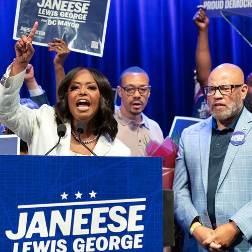 D.C. Council member Janeese Lewis George speaks to the crowd after winning D.C. Mayor primary election during an election night party at the Howard Theatre Tuesday, June 16, 2026, in Washington. (AP Photo/Jose Luis Magana)