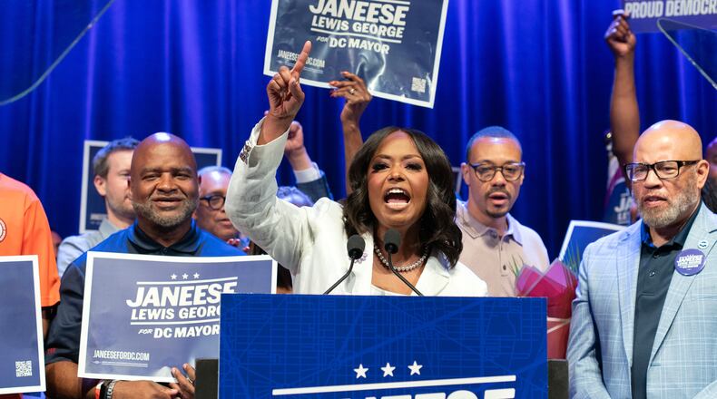D.C. Council member Janeese Lewis George speaks to the crowd after winning D.C. Mayor primary election during an election night party at the Howard Theatre Tuesday, June 16, 2026, in Washington. (AP Photo/Jose Luis Magana)