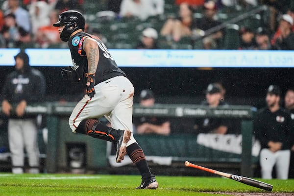 Baltimore Orioles' Gary Sanchez starts to run after hitting a two-run RBI single during the sixth inning of a baseball game against the Tampa Bay Rays, Friday, June 27, 2025, in Baltimore. (AP Photo/Stephanie Scarbrough)