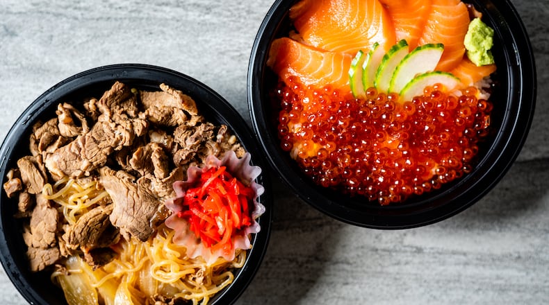Two bentos from Sushi Hayakawa: beef donburi (left) and sake ikura don (salmon with salmon roe).