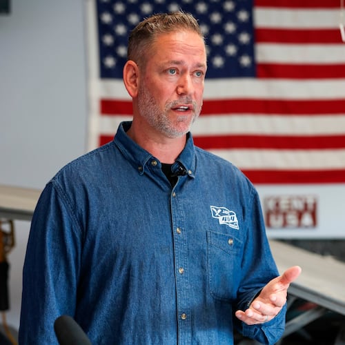 FILE - Dan Osborn, Independent candidate for U.S. Senate, speaks during a news conference, May 15, 2024, at his home in Omaha, Neb. (Nikos Frazier/Omaha World-Herald via AP, File)