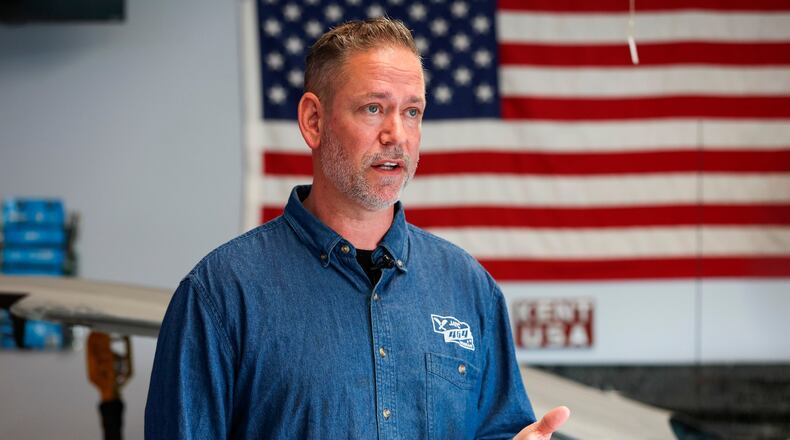 FILE - Dan Osborn, Independent candidate for U.S. Senate, speaks during a news conference, May 15, 2024, at his home in Omaha, Neb. (Nikos Frazier/Omaha World-Herald via AP, File)