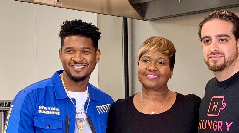 R&B star Usher (left) with his mother, Jonnetta Patton, and Hungry cofounder Eman Pahlevani