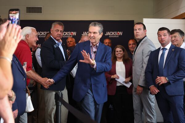 Republican nominee for governor Rick Jackson comes out for the first rally of his general election campaign at Meadows at Mossy Creek in Cleveland last month. (Arvin Temkar/AJC)
