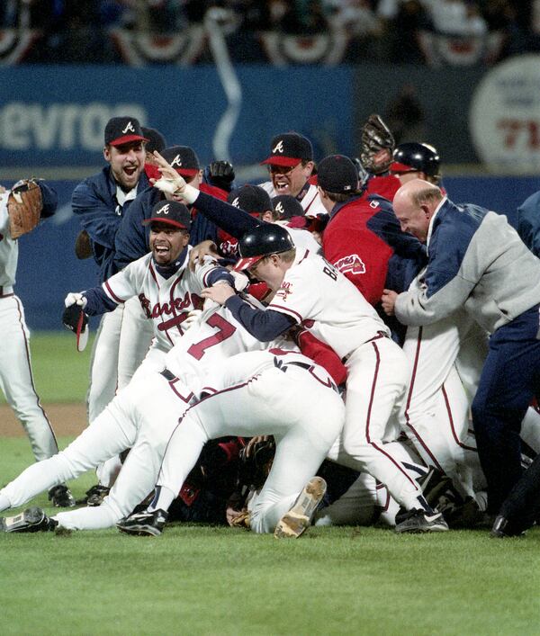 OCTOBER 28, 1995 ATLANTA Braves players celebrate winning World Series Game Six, 1995 JONATHAN NEWTON/AJC STAFF