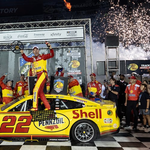 Joey Logano (22) celebrates after winning a NASCAR Cup Series auto race Saturday, Sept. 19, 2026, in Bristol, Tenn. (AP Photo/Wade Payne)