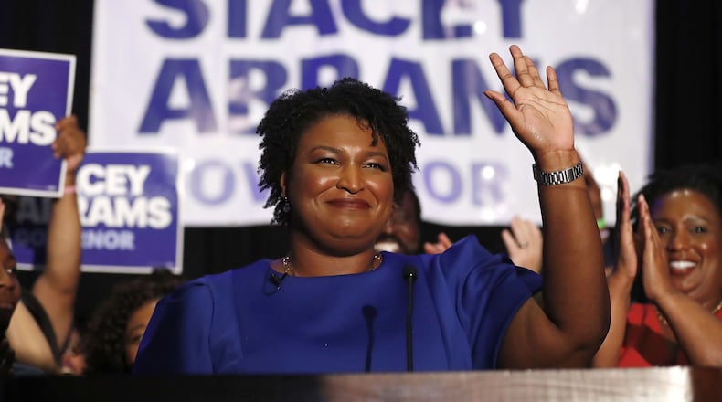 Georgia Democratic gubernatorial nominee Stacey Abrams takes the stage May 22, 2018, to declare victory in the primary on Election Night in Atlanta. If elected, Abrams would become the first African American female governor in the nation.