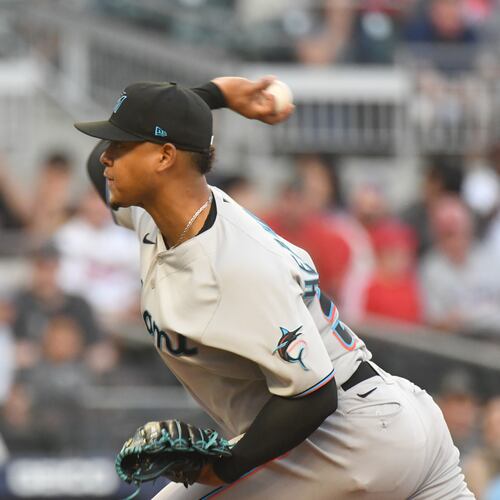 April 23, 2022 Atlanta - Miami Marlins' starting pitcher Elieser Hernandez (57) throws a pitch in the first inning at Truist Park on Saturday, April 23, 2022. (Hyosub Shin / Hyosub.Shin@ajc.com)