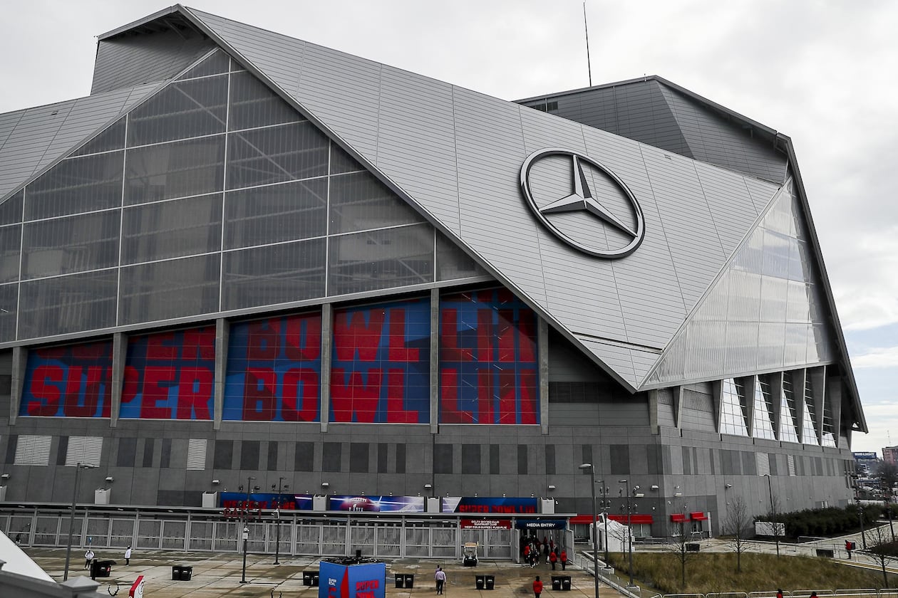A look outside Mercedes-Benz Stadium hours before Super Bowl 53 on Feb. 3, 2019. The Super Bowl will return to Atlanta in 2028. (AJC File)
