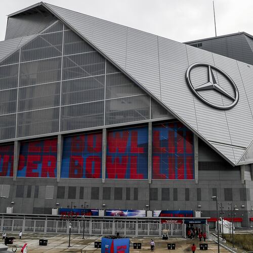 A look outside Mercedes-Benz Stadium hours before Super Bowl 53 on Feb. 3, 2019. The Super Bowl will return to Atlanta in 2028. (AJC File)