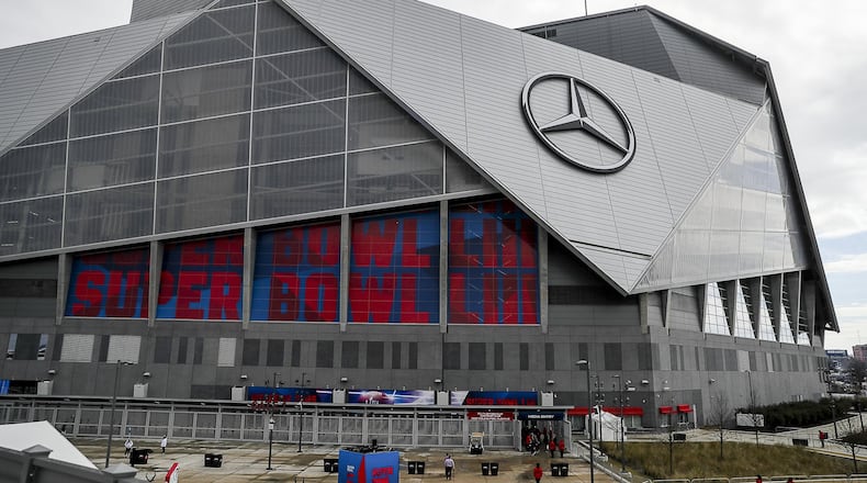A look outside Mercedes-Benz Stadium hours before Super Bowl 53 on Feb. 3, 2019. The Super Bowl will return to Atlanta in 2028. (AJC File)