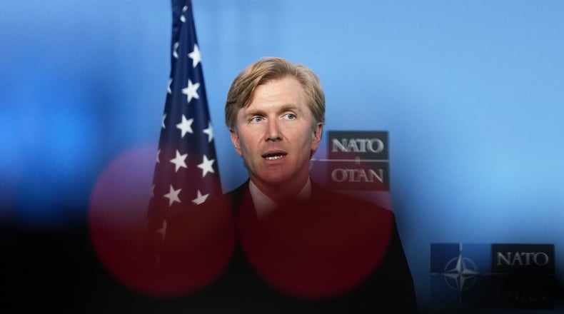 United States Undersecretary of Defense Elbridge Colby addresses the media at NATO headquarters in Brussels, Thursday, Aug. 27, 2026. (AP Photo/Virginia Mayo)