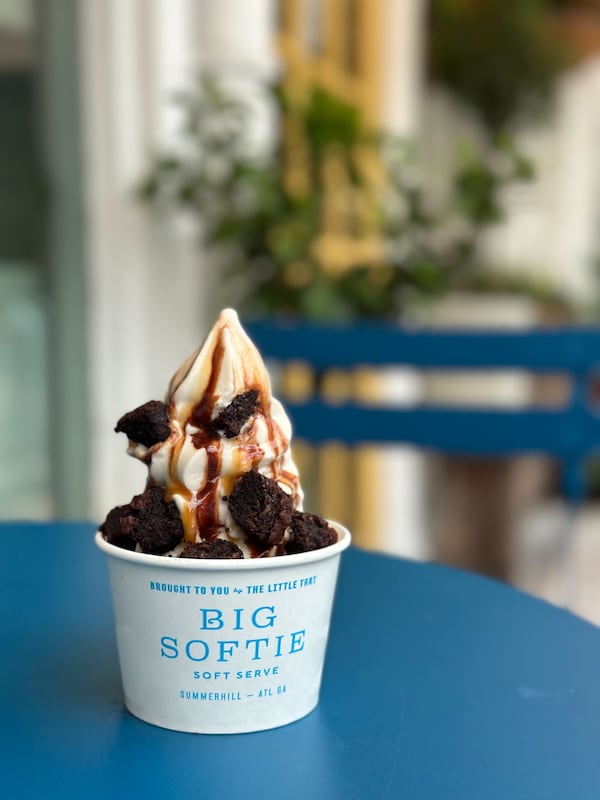 Big Softie’s soft-serve ice cream offerings include classics like vanilla, pictured here with toppings, plus vegan-free options. (Courtesy of Big Softie)