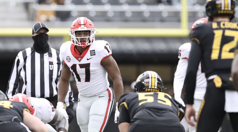 The eyes of Missouri's offensive players were all on Georgia's Nakobe Dean (17) pre-snap as the Bulldogs throttled the Tigers 49-14 Dec. 12, 2020, in Columbia, Mo. (Cassie Florido/UGA Athletics)