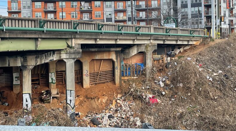 A sturdy homeless encampment has been built over the years under a bridge on Cheshire Bridge. The other side of this bridge had a fire last week, causing the road above it to be closed until engineers determine if the structure is safe.