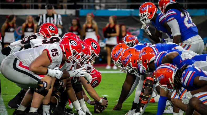 Georgia and Florida line up at the line of scrimmage during the second half of an college football game, Saturday, Oct. 30, 2021, in Jacksonville, Fla. (Stephen B. Morton/Atlanta Journal-Constitution)