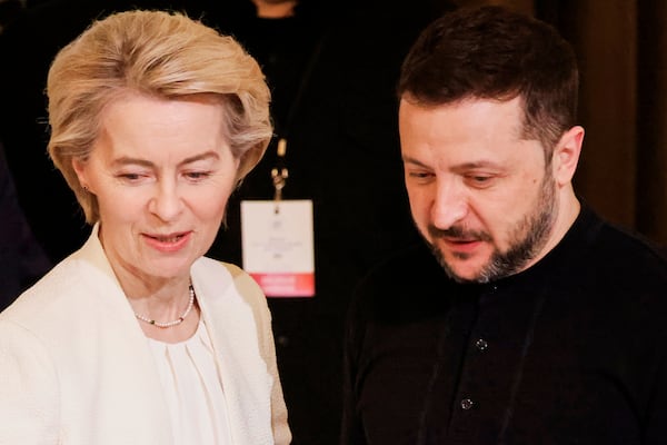Ukraine's President Volodymyr Zelenskyy, right, and European Commission President Ursula von der Leyen participate in the so-called "Coalition of the willing" summit at the Elysee Palace, Thursday, March 27, 2025. (Ludovic Marin, Pool via AP)