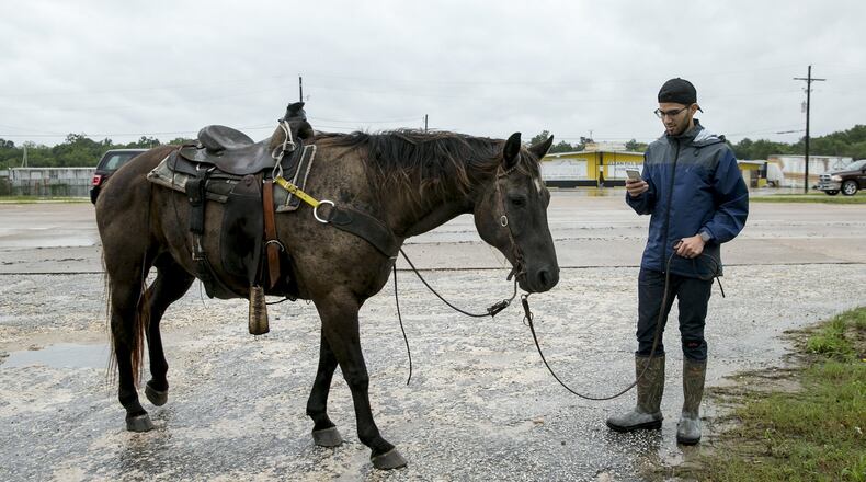 Statesman reporter Sebastian Herrera takes notes while holding a horse for a rancher who was rescuing his cattle from the flooded Liberty Bell Ranch in Liberty after Hurricane Harvey on Wednesday August 30, 2017. Alpharetta is housing horses fleeing Irma, which is now a tropical storm. JAY JANNER / AMERICAN-STATESMAN