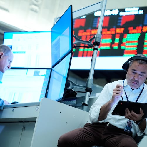 Justin Kanda works on the floor at the New York Stock Exchange in New York, Monday, Sept. 14, 2026. (AP Photo/Seth Wenig)