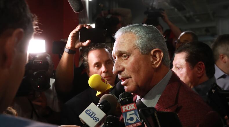 October 27, 2019 Atlanta: Atlanta Falcons owner Arthur Blank holds a post game press conference after his team fell to 1-7 after losing 27-20 to the Seattle Seahawks in an NFL football game on Sunday, October 27, 2019, in Atlanta.   Curtis Compton/ccompton@ajc.com