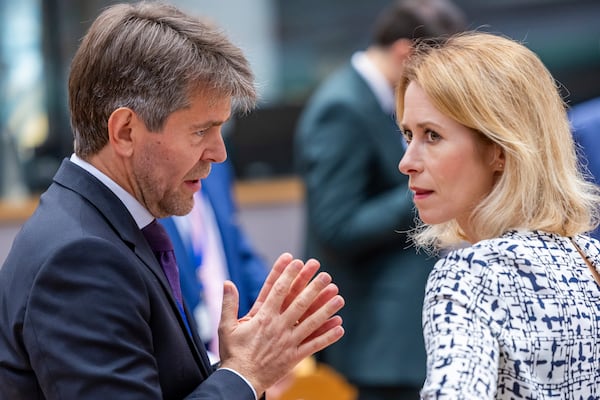 Slovakia's State Secretary for Foreign and European Affairs Marek Estok, left, talks with European Union foreign policy chief Kaja Kallas during the EU foreign ministers meeting at the EU Council building in Brussels, Tuesday, July 15, 2025. (AP Photo/Geert Vanden Wijngaert)