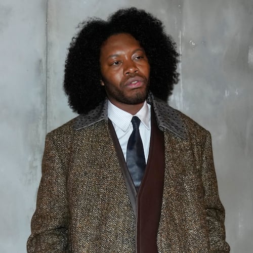 FILE - Jeremy O. Harris poses for photographers prior to the start of the Bottega Veneta women's Fall-Winter 2024-25 collection presented in Milan, Italy, Saturday, Feb. 24, 2024. (AP Photo/Luca Bruno, File)