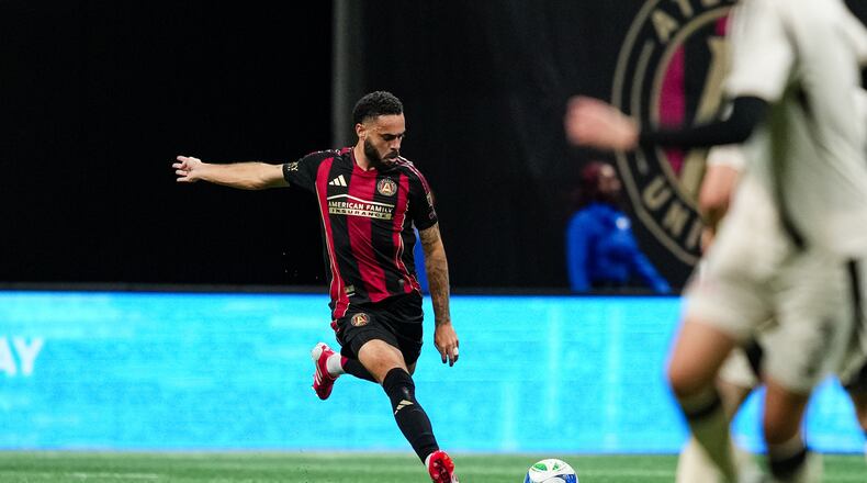 Atlanta United defender Derrick Williams #3 passes the ball during the match against the New York Red Bulls at Mercedes-Benz Stadium in Atlanta, GA on Saturday March 8, 2025. (Photo by Mitch Martin/Atlanta United)