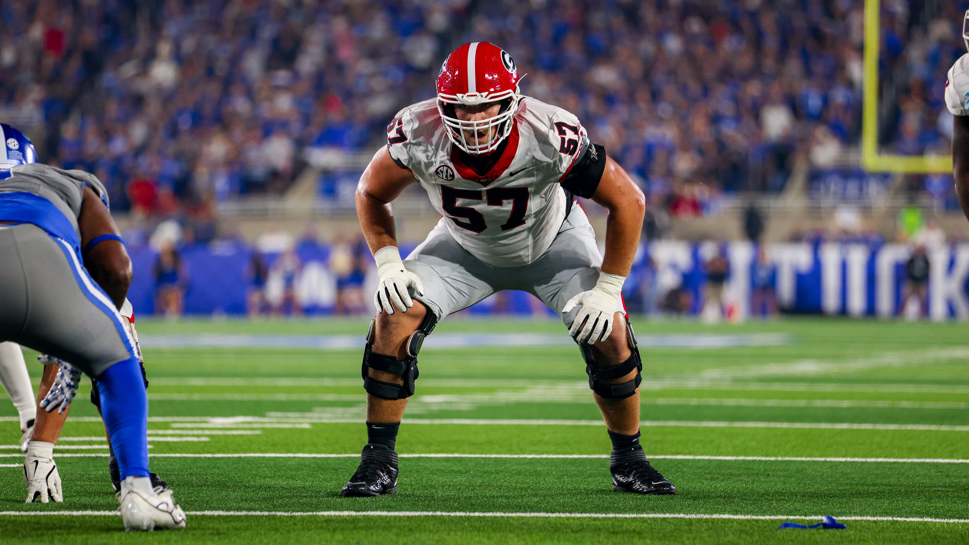 Georgia offensive lineman Monroe Freeling (57) during Georgia’s game against Kentucky at Kroger Field in Lexington, Ky., on Saturday, Sept. 14, 2024. (Conor Dillon/UGAAA)