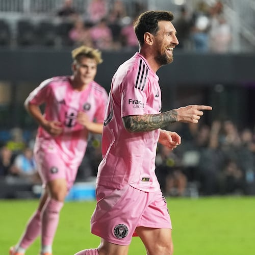 Inter Miami forward Lionel Messi (10) reacts after scoring a goal during the second half of match one of an MLS playoff opening round soccer match against the Nashville SC, Friday, Oct. 24, 2025, in Fort Lauderdale, Fla. (AP Photo/Marta Lavandier)