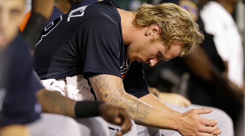 Atlanta Braves starting pitcher Mike Foltynewicz sits in the dugout in the fifth inning of an interleague baseball game against the Baltimore Orioles, Wednesday, July 29, 2015, in Baltimore. (AP Photo/Patrick Semansky)