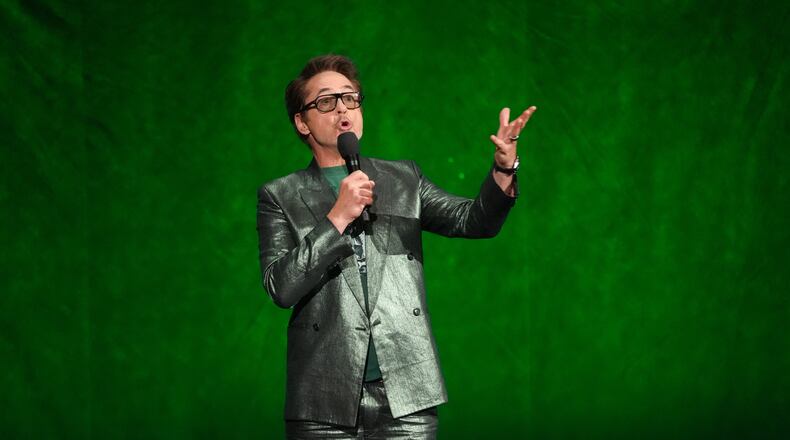 Robert Downey Jr., cast member of the upcoming film "Avengers: Doomsday, speaks during the Walt Disney Studios presentation at CinemaCon on Thursday, April 16, 2026, at Caesars Palace in Las Vegas. (AP Photo/Chris Pizzello)