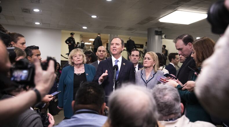 Rep. Adam Schiff (D-Calif.) and other House impeachment managers talk with reporters at the Capitol prior to resuming the Senate impeachment trial of President Donald Trump in Washington on Thursday, Jan. 30, 2020.The national news of President Trump’s impeachment has steam-rolled over every other aspect of our newscycle, and that’s not good news, the writer argues. (Calla Kessler/The New York Times)