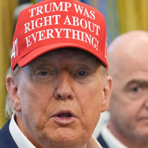 FILE - President Donald Trump speaks as FIFA President Gianni Infantino listens in the Oval Office of the White House, Friday, Aug. 22, 2025, in Washington. (AP Photo/Jacquelyn Martin, File)