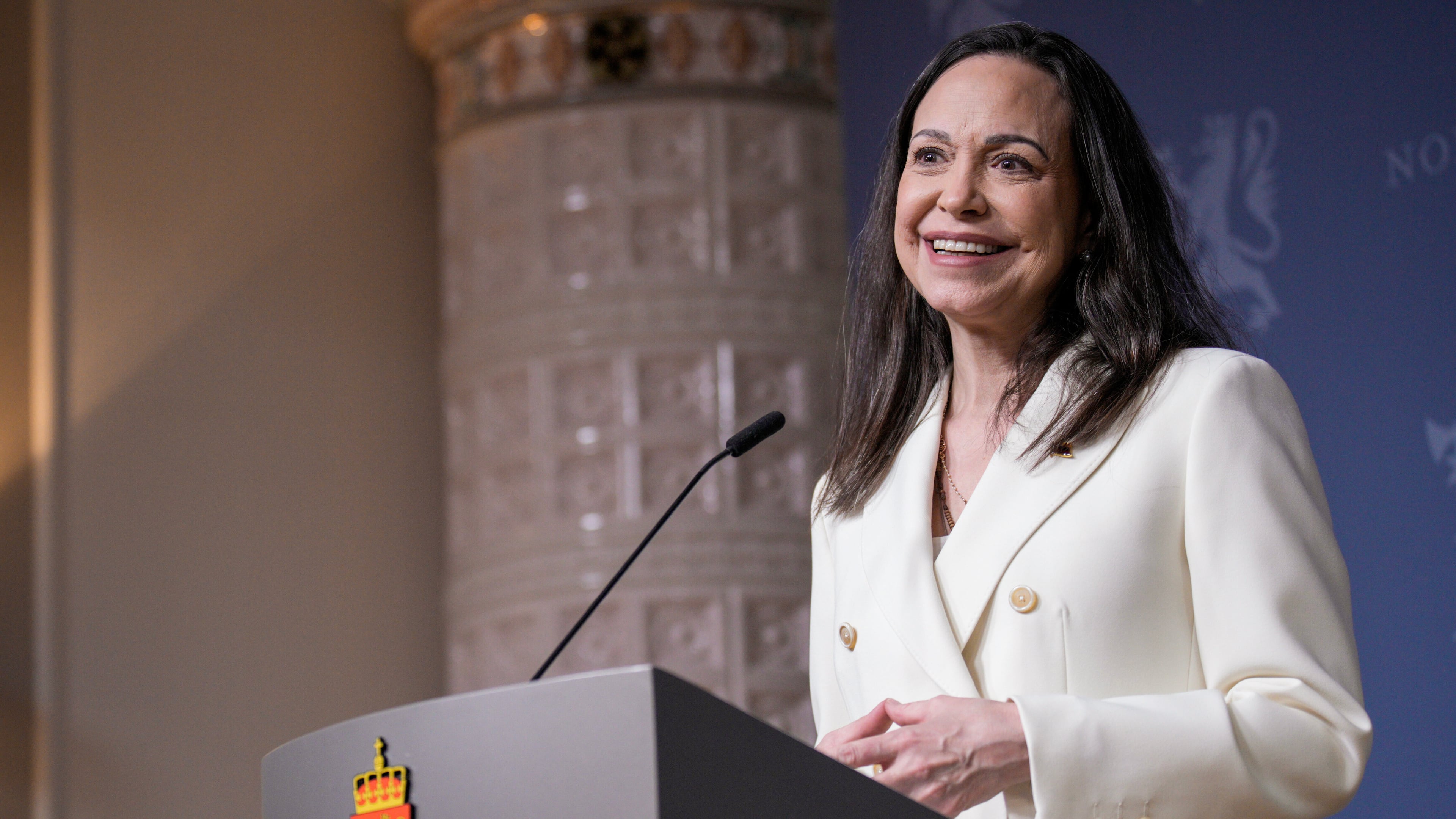 Nobel Peace Prize laureate María Corina Machado speaks during a press conference at the government's representative facilities in Oslo, Norway, Thursday, Dec. 11, 2025. (Stian Lysberg Solum/NTB Scanpix, Pool Photo via AP)