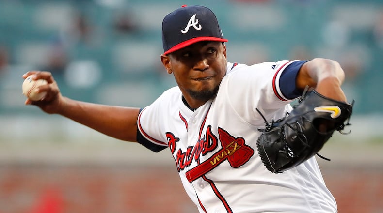 Julio Teheran  of the Atlanta Braves pitches in the first inning against the Philadelphia Phillies at SunTrust Park on April 16, 2018 in Atlanta, Georgia.  (Photo by Kevin C. Cox/Getty Images)
