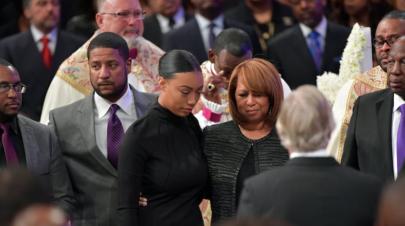JANUARY 25, 2017 LITHONIA Family members including wife, Vanessa (right), sons Jared and Eric and daughter Taylor, are shown during the Home-going services for Bishop Eddie Long, senior pastor, at New Birth Missionary Baptist Church, Wednesday, January 25, 2017. Bishop Long died January 15th, after a long-time fight with cancer. He was 63 years old. Hyosub Shin/AJC