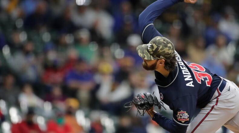 Atlanta Braves' Ian Anderson pitches during the first inning of the team's baseball game against the Milwaukee Brewers on Saturday, May 15, 2021, in Milwaukee. (AP Photo/Aaron Gash)