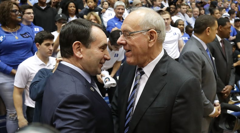 DURHAM, NC - FEBRUARY 24: (L-R) Head coach Mike Krzyzewski of the Duke Blue Devils talks to head coach Jim Boeheim of the Syracuse Orange before their game at Cameron Indoor Stadium on February 24, 2018 in Durham, North Carolina. (Photo by Streeter Lecka/Getty Images) ORG XMIT: 775058387 ORIG FILE ID: 923885048