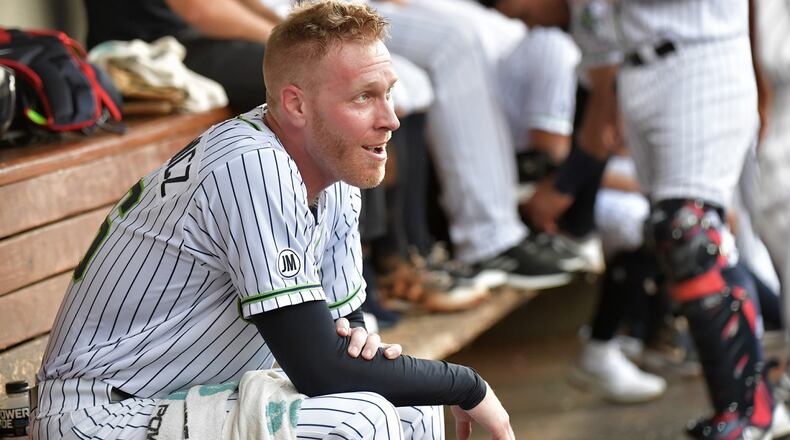 Gwinnett Stripers pitcher Mike Foltynewicz smiles in the dugout in the third inning against the Indianapolis Indians at Coolray Field on Saturday, June 29, 2019. (Hyosub Shin / Hyosub.Shin@ajc.com)