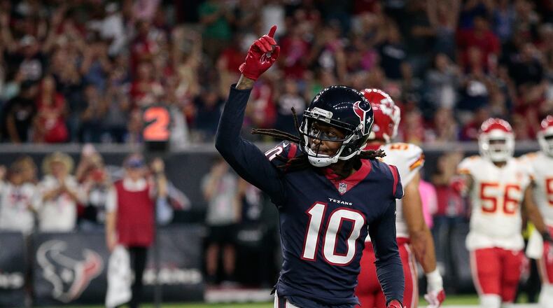 Texans wide receiver DeAndre Hopkins completes a catch for a touchdown against the Chiefs at NRG Stadium on October 8 in Houston.