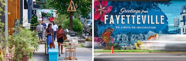 From left, people stroll through Trilith; cars drive by a mural in Fayetteville. (Abbey Cutrer/AJC)