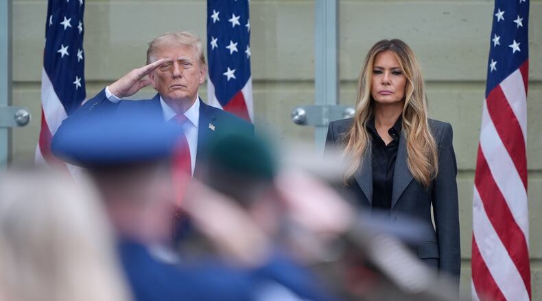 President Donald Trump and first lady Melania Trump, attend a ceremony to commemorate the 25th anniversary of the 9/11 attacks at the Pentagon, Friday, Sept. 11, 2026, in Washington. (AP Photo/Manuel Balce Ceneta) (AP Photo/Manuel Balce Ceneta)