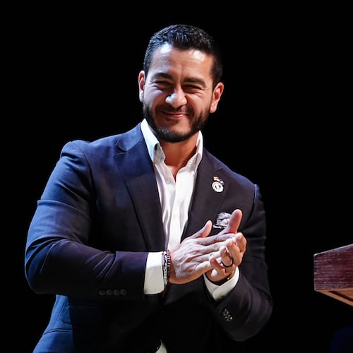 Abdul El-Sayed, a progressive candidate in the Democratic primary for U.S. Senate in Michigan, speaks during a primary election night event Wednesday, Aug. 5, 2026, at the Majestic Theatre in Detroit. (AP Photo/Julia Demaree Nikhinson)