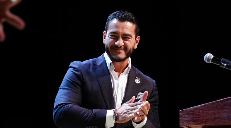 Abdul El-Sayed, a progressive candidate in the Democratic primary for U.S. Senate in Michigan, speaks during a primary election night event Wednesday, Aug. 5, 2026, at the Majestic Theatre in Detroit. (AP Photo/Julia Demaree Nikhinson)