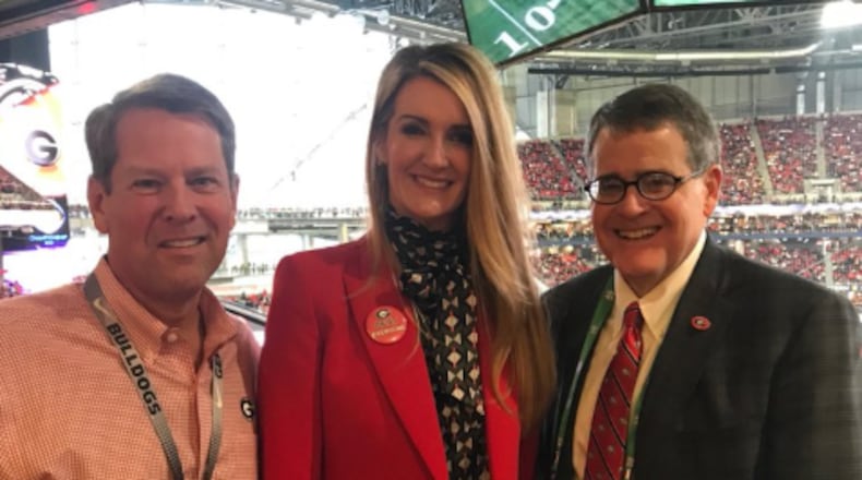 Gov. Brian Kemp, Kelly Loeffler, and UGA President Jere Morehead at Saturday’s LSU-UGA football game/Via University of Georgia
