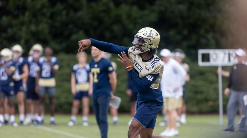 Jeff Sims throws the ball in February during the first day of spring practice for Georgia Tech football at Alexander Rose Bowl Field. The Yellow Jackets are scheduled to have their spring game Thursday night at Bobby Dodd Stadium. (Photo Jenn Finch)