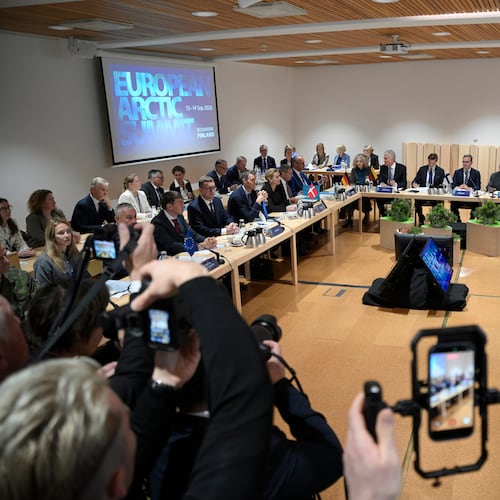 Members at the First Working Session of The European Arctic Summit meet in Rovaniemi, Finland, Monday, Sept. 14, 2026. (Jouni Porsanger/Lehtikuva via AP)