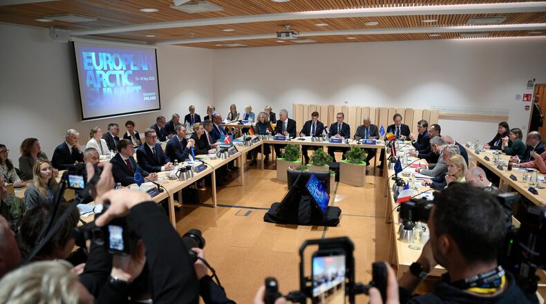 Members at the First Working Session of The European Arctic Summit meet in Rovaniemi, Finland, Monday, Sept. 14, 2026. (Jouni Porsanger/Lehtikuva via AP)
